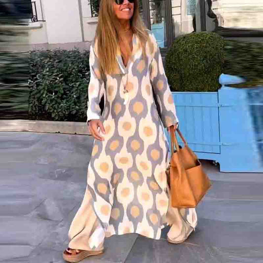 Women's Caftan Dress - Long Loose Fit - V-neck & Long Sleeves - Elegant Pattern