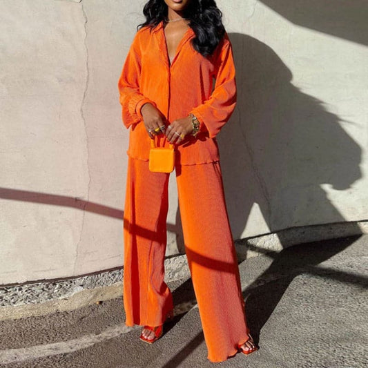 Women's Set - Loose-Fitting Blouse & Wide-Leg Pants - Light and Elegant