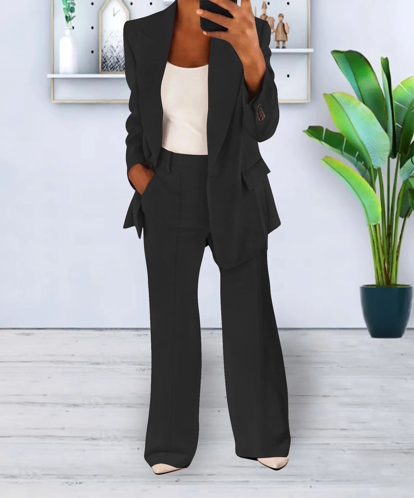 Women's Suit - Single Button Blazer - High-Waisted Trousers - Wide Leg Fit