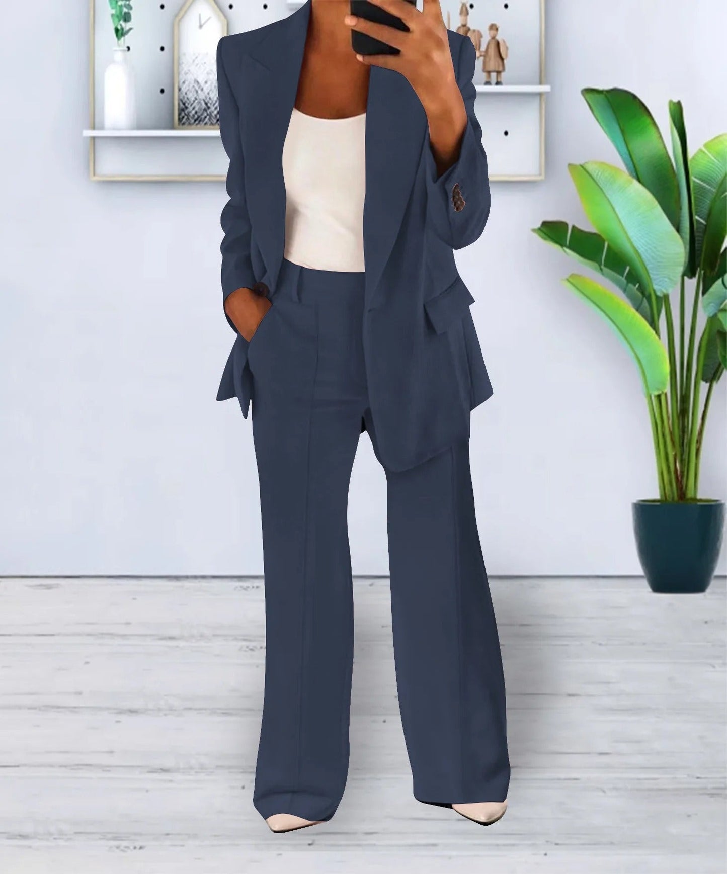 Women's Suit - Single Button Blazer - High-Waisted Trousers - Wide Leg Fit