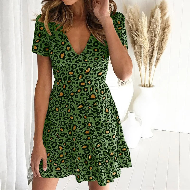 Dress for Women - A-line Fit - V-neck - Short Sleeves - Leopard Print