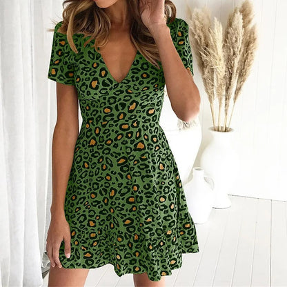 Dress for Women - A-line Fit - V-neck - Short Sleeves - Leopard Print