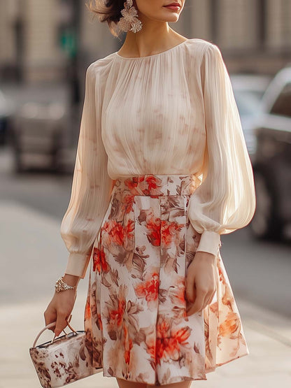 Elise - Floral Print Pleated Skirt and Blouse Set