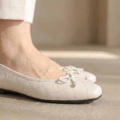 Quilted Square Toe Bow Knot Mary Jane Flats for Women – Comfortable & Lightweight Design