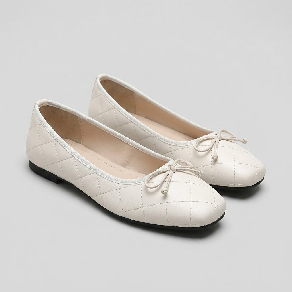 Quilted Square Toe Bow Knot Mary Jane Flats for Women – Comfortable & Lightweight Design