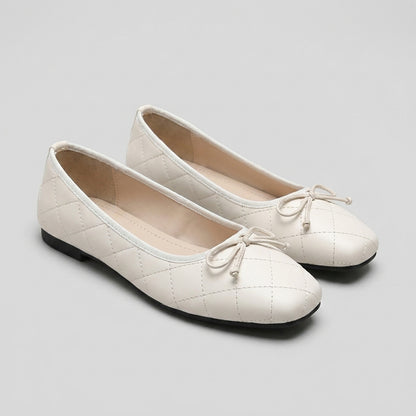 Quilted Square Toe Bow Knot Mary Jane Flats for Women – Comfortable & Lightweight Design