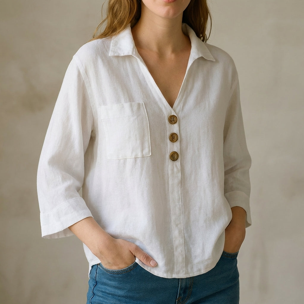 Relaxed Fit Collared V-Neck Shirt for Women – Casual Comfortable Style