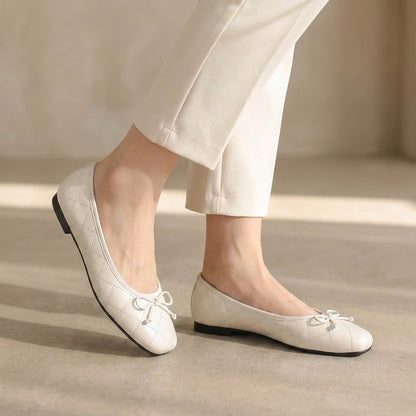 Quilted Square Toe Bow Knot Mary Jane Flats for Women – Comfortable & Lightweight Design