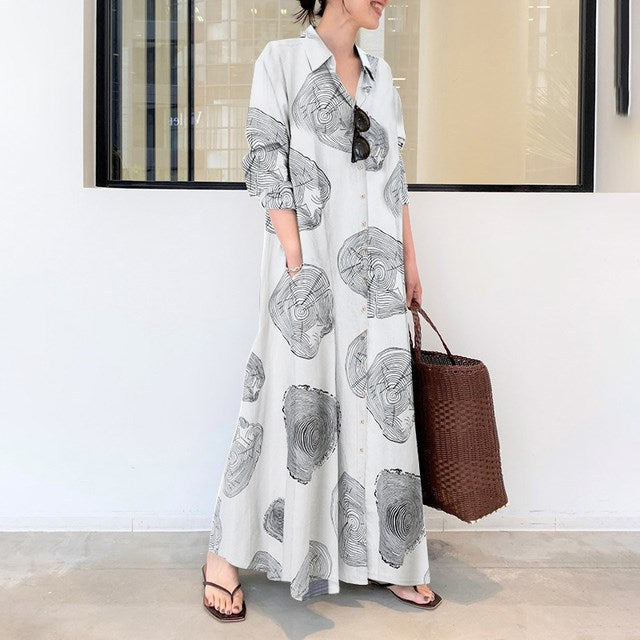 Women's Casual Maxi Dress - Long Sleeve - Button Down - Artistic Print