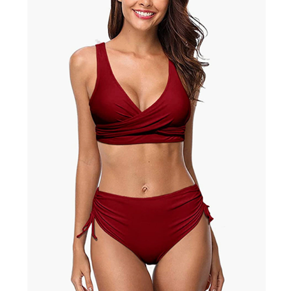 Women's Bikini Set - High-Waisted Bottom - V-Neck Wrap Top - Adjustable & Supportive Fit