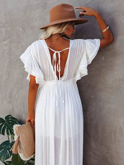 Women's Maxi Dress – Light Cotton Blend – Loose Fit – Puff Sleeves – V-Neck
