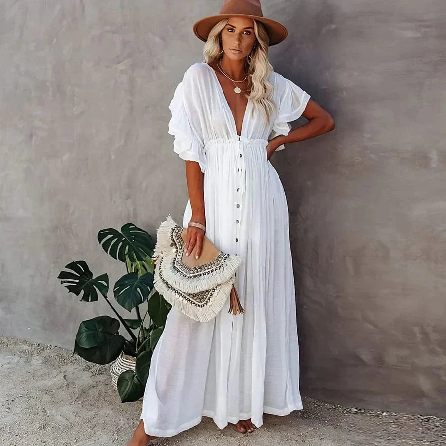 Women's Maxi Dress – Light Cotton Blend – Loose Fit – Puff Sleeves – V-Neck