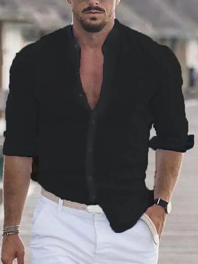 Men's Shirt - 100% Linen - Mandarin Collar - Long-Sleeved Light and Breathable