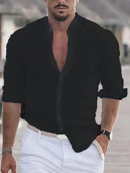 Men's Shirt - 100% Linen - Mandarin Collar - Long-Sleeved Light and Breathable