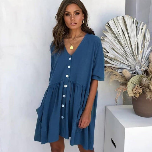 Women's Dress - Loose Fit - V-neck - Button Closure - Short Sleeves - With Pockets